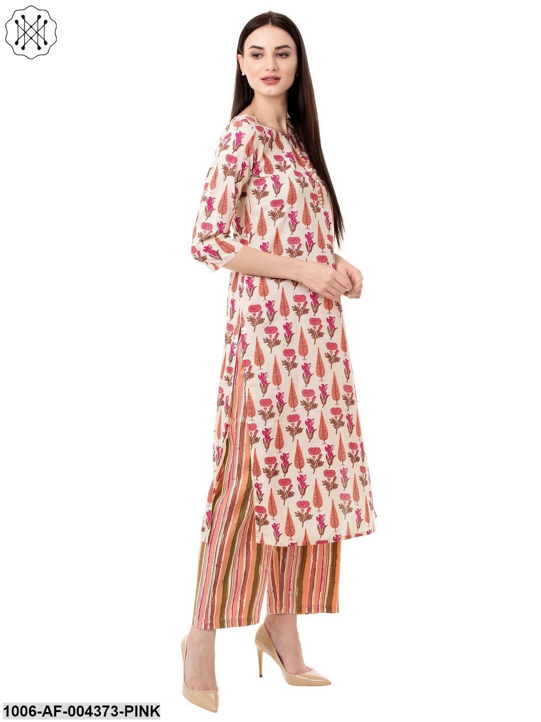 Women's Straight Cotton Printed Kurta Pant Set (Pink)