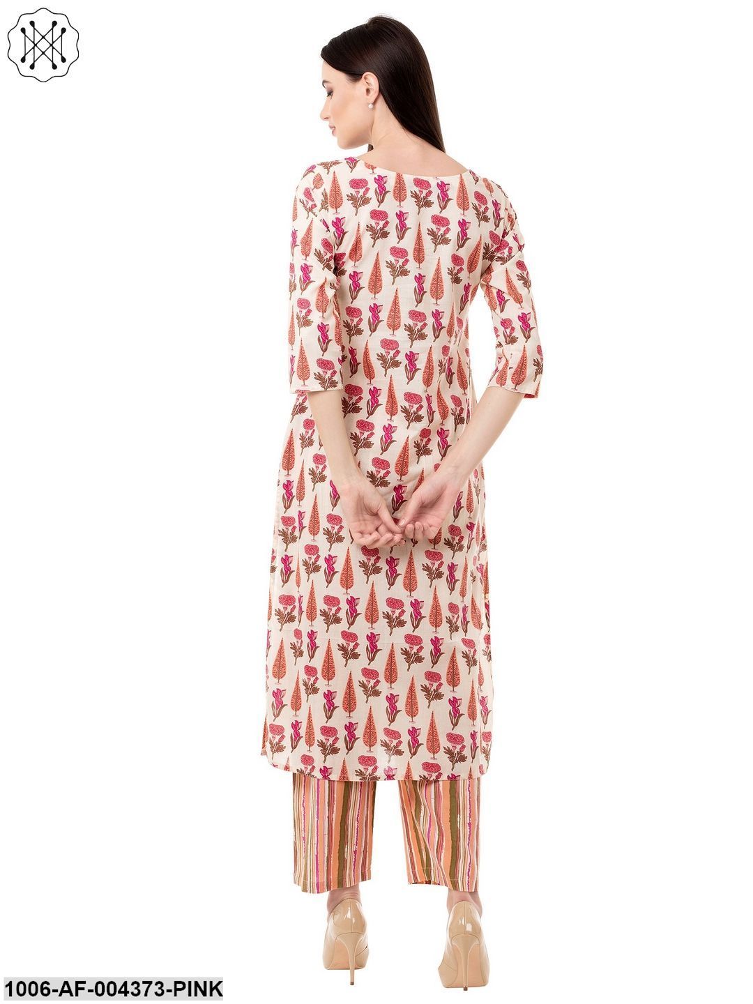 Women's Straight Cotton Printed Kurta Pant Set (Pink)