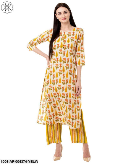 Women's Straight Cotton Printed Kurta Pant Set (Yellow)