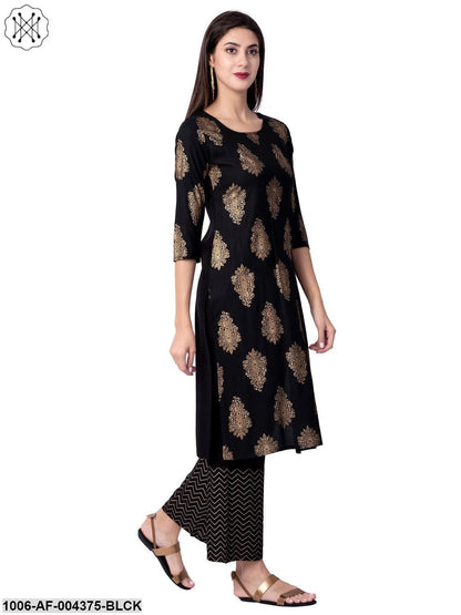 Women's Straight Rayon Printed Kurta Pant Set (Black)