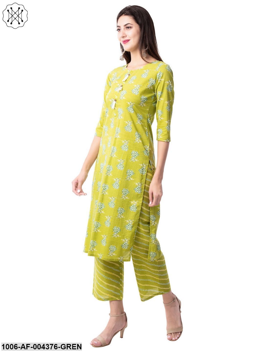 Women's Straight Cotton Printed Kurta Pant Set (Green)