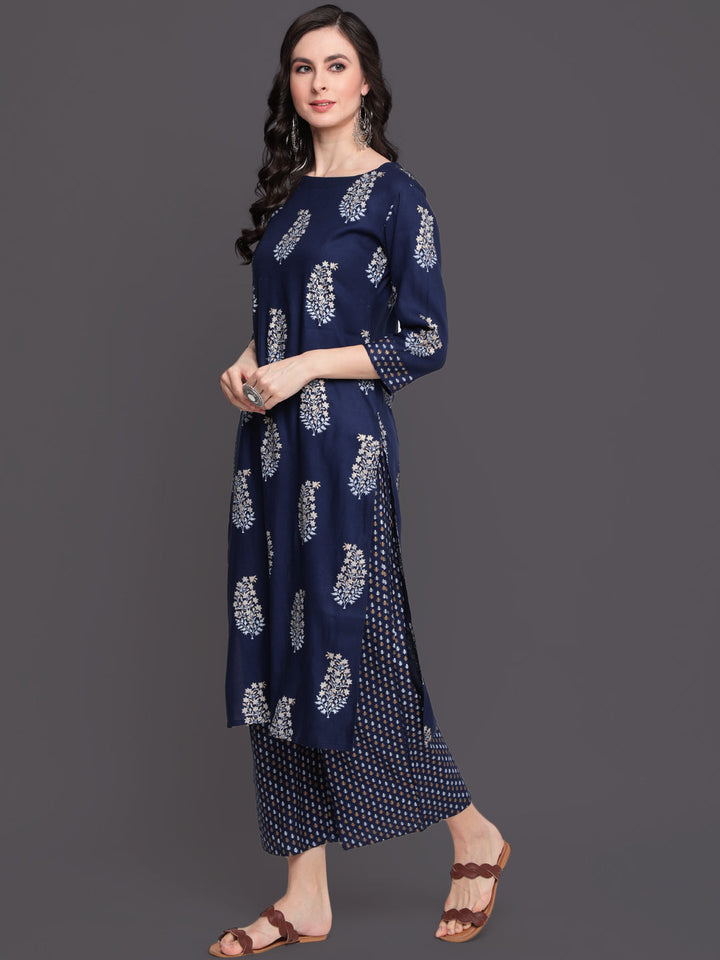Printed Straight Calf Length 3/4 Sleeves Boat Neck Rayon Kurta &amp; Palazzo
