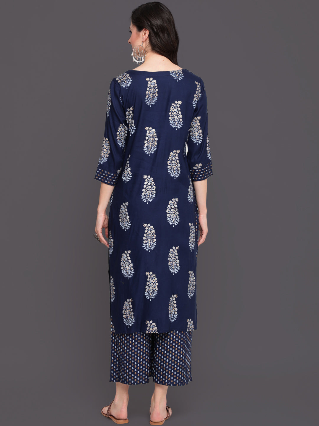 Printed Straight Calf Length 3/4 Sleeves Boat Neck Rayon Kurta &amp; Palazzo