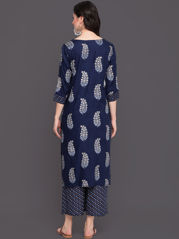 Printed Straight Calf Length 3/4 Sleeves Boat Neck Rayon Kurta &amp; Palazzo