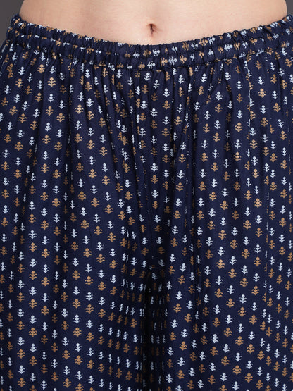 Printed Straight Calf Length 3/4 Sleeves Boat Neck Rayon Kurta & Palazzo