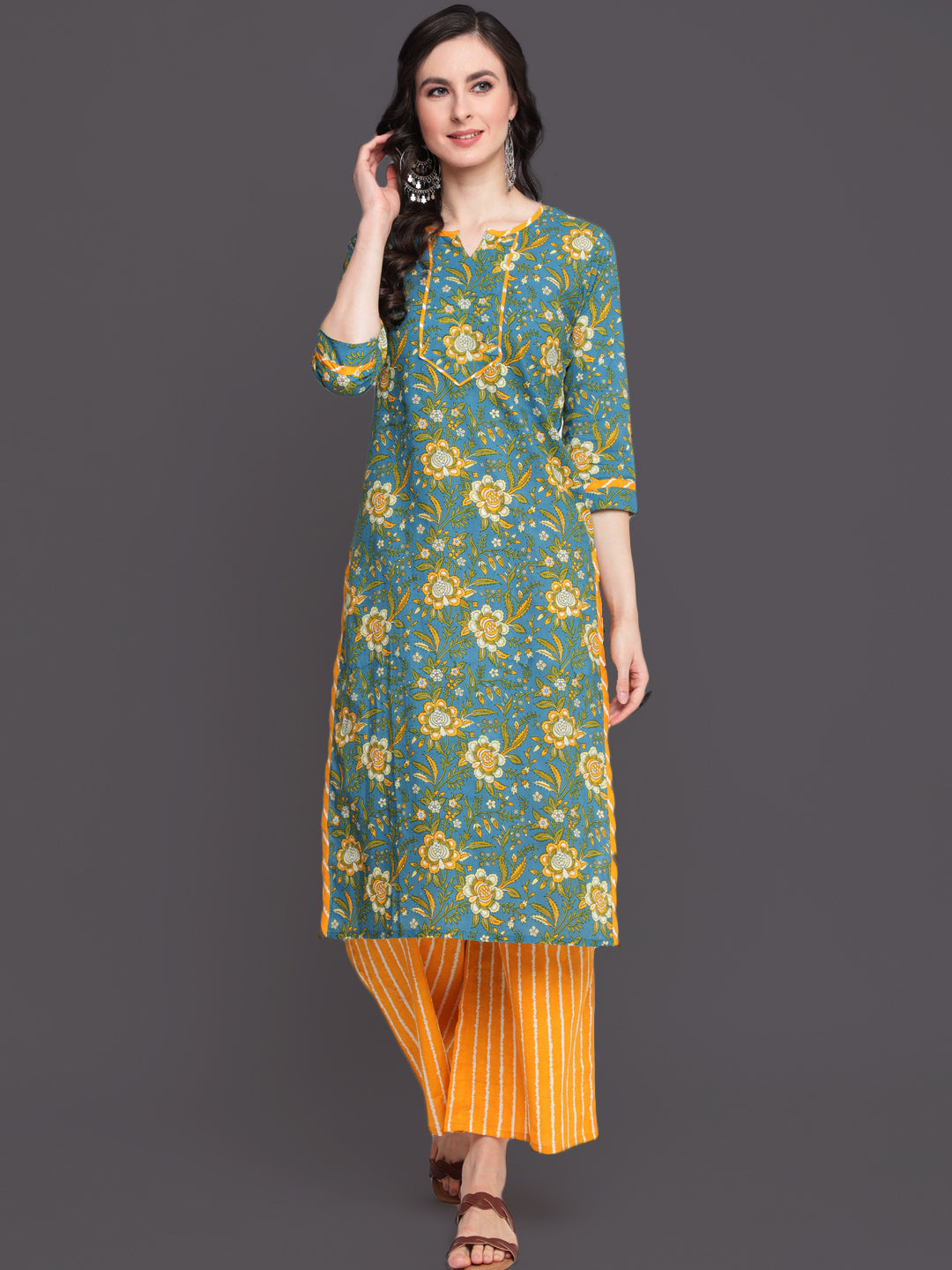Printed Straight Calf Length 3/4 Sleeves Round Neck Cotton Kurta &amp; Palazzo