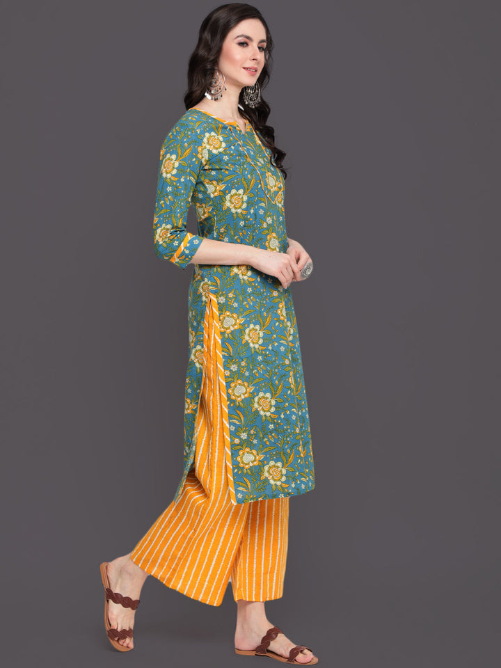 Printed Straight Calf Length 3/4 Sleeves Round Neck Cotton Kurta &amp; Palazzo