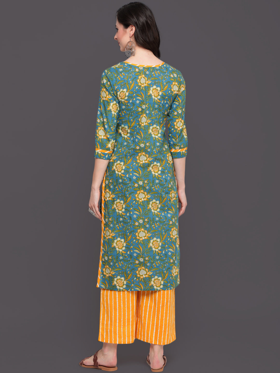Printed Straight Calf Length 3/4 Sleeves Round Neck Cotton Kurta &amp; Palazzo