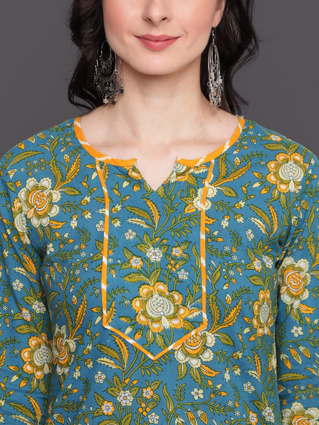 Printed Straight Calf Length 3/4 Sleeves Round Neck Cotton Kurta &amp; Palazzo