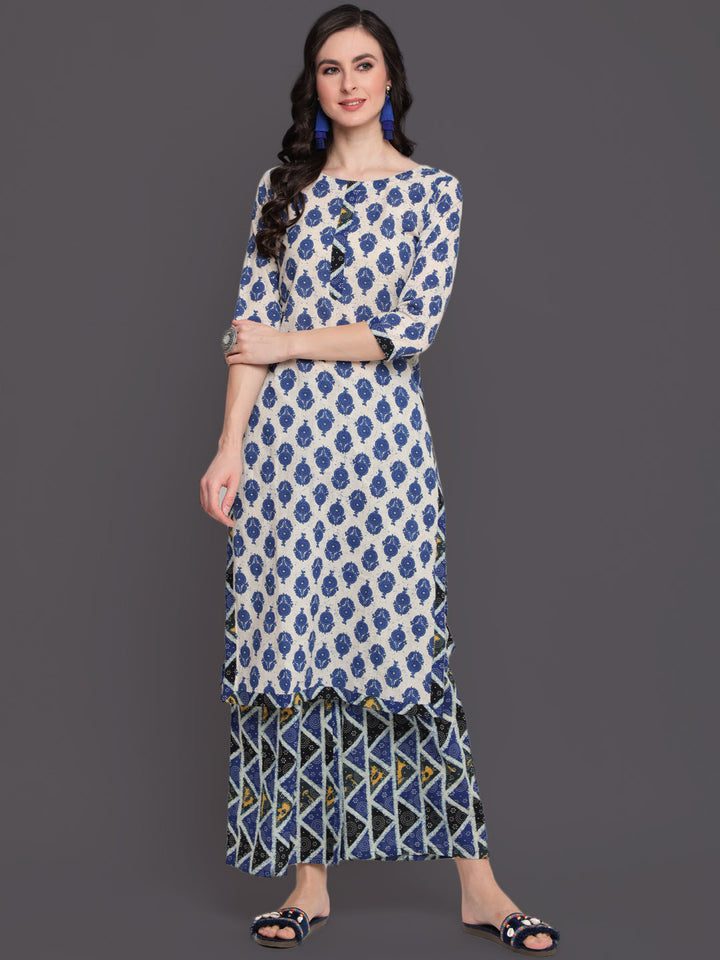 Printed Straight Calf Length 3/4 Sleeves Round Neck Cotton Kurta &amp; Palazzo
