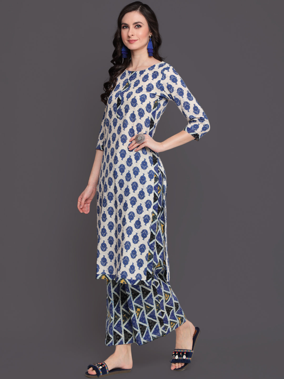 Printed Straight Calf Length 3/4 Sleeves Round Neck Cotton Kurta &amp; Palazzo