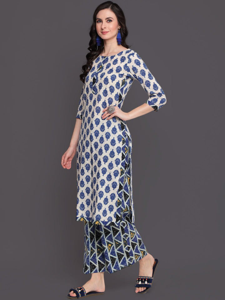 Printed Straight Calf Length 3/4 Sleeves Round Neck Cotton Kurta &amp; Palazzo