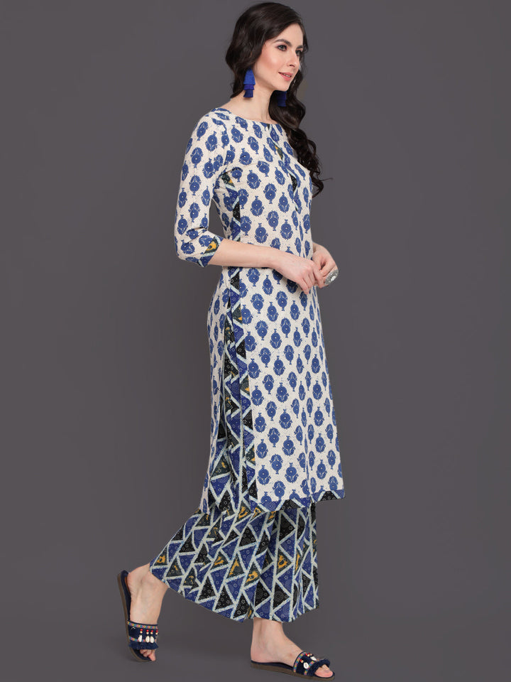 Printed Straight Calf Length 3/4 Sleeves Round Neck Cotton Kurta &amp; Palazzo
