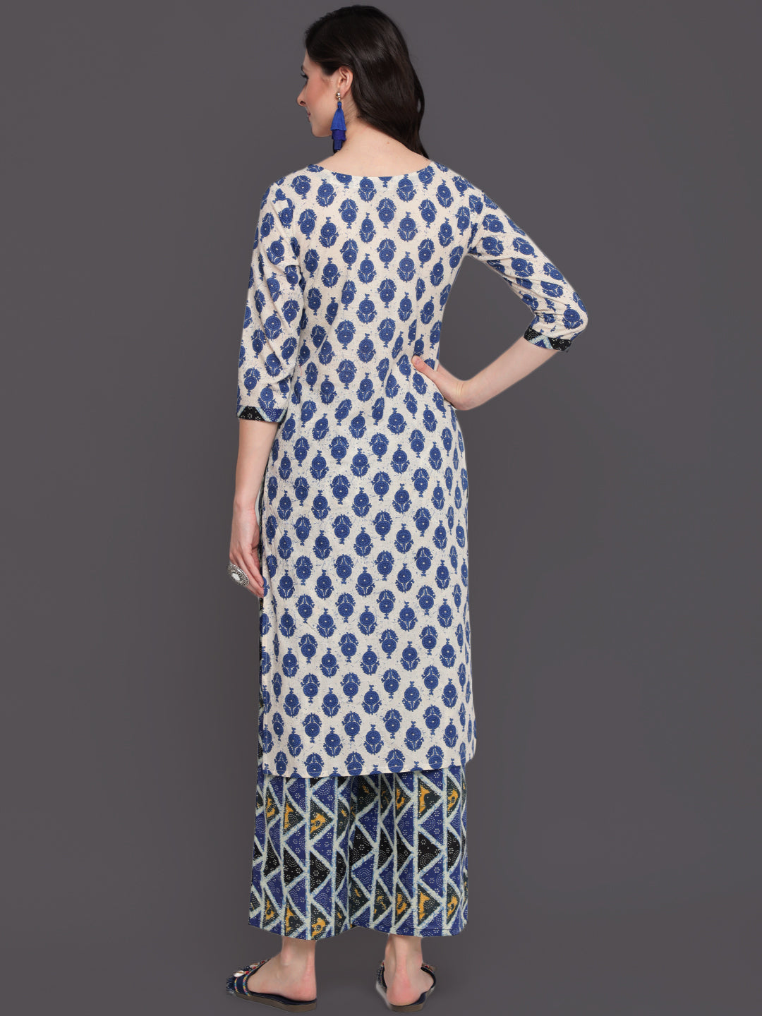 Printed Straight Calf Length 3/4 Sleeves Round Neck Cotton Kurta &amp; Palazzo