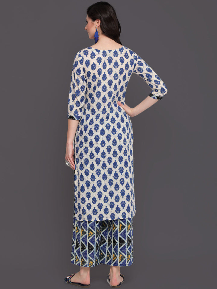 Printed Straight Calf Length 3/4 Sleeves Round Neck Cotton Kurta &amp; Palazzo