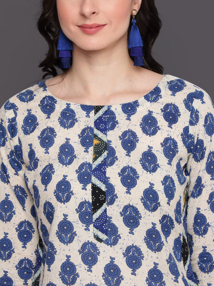 Printed Straight Calf Length 3/4 Sleeves Round Neck Cotton Kurta &amp; Palazzo
