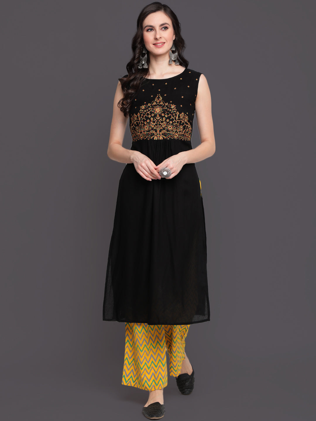 Embroidered Semi Flared Calf Length Sleeveless round Neck Rayon Kurta &amp; Palazzo