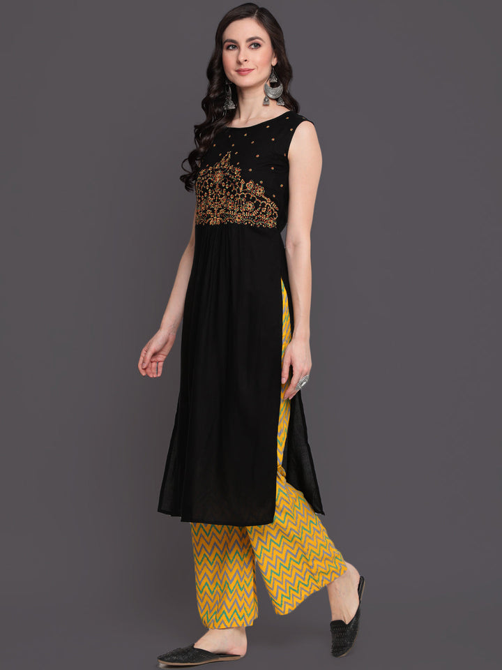 Embroidered Semi Flared Calf Length Sleeveless round Neck Rayon Kurta &amp; Palazzo