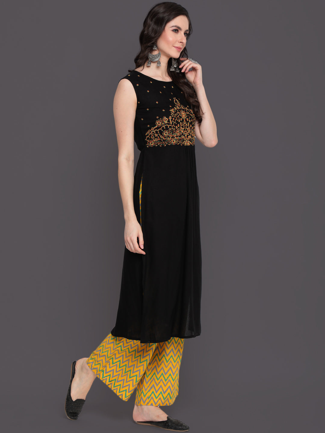 Embroidered Semi Flared Calf Length Sleeveless round Neck Rayon Kurta &amp; Palazzo
