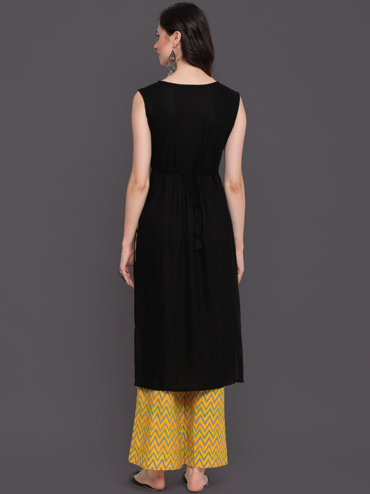 Embroidered Semi Flared Calf Length Sleeveless round Neck Rayon Kurta &amp; Palazzo