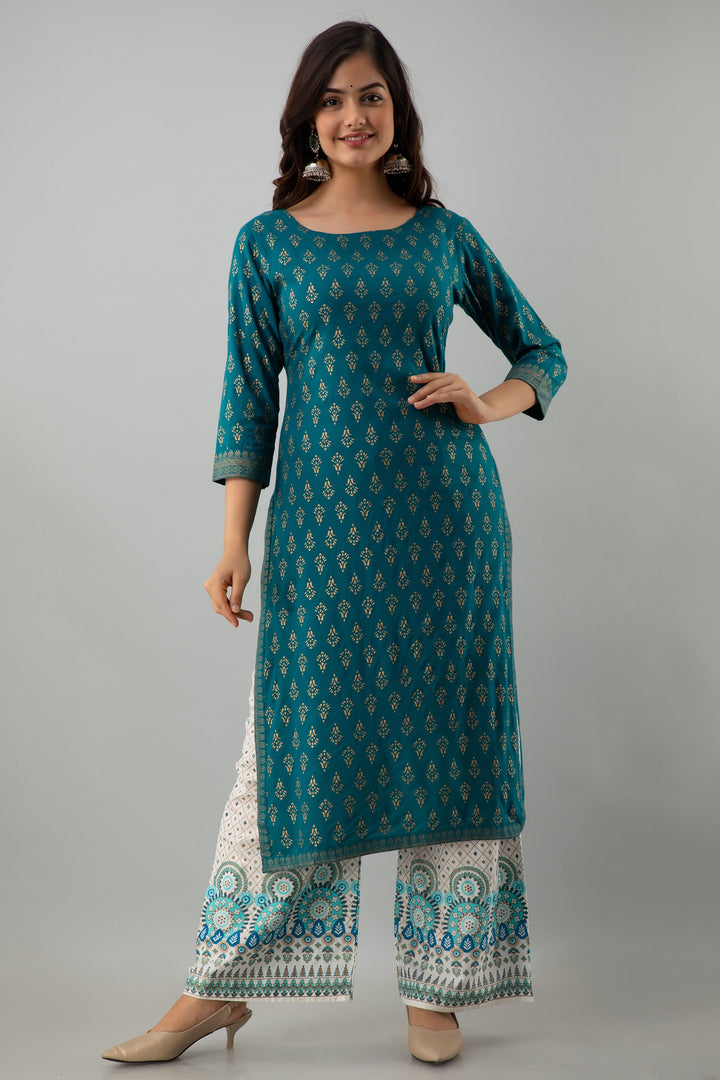 Printed Straight Calf Length 3/4 Sleeves Round Neck Rayon Kurta Set