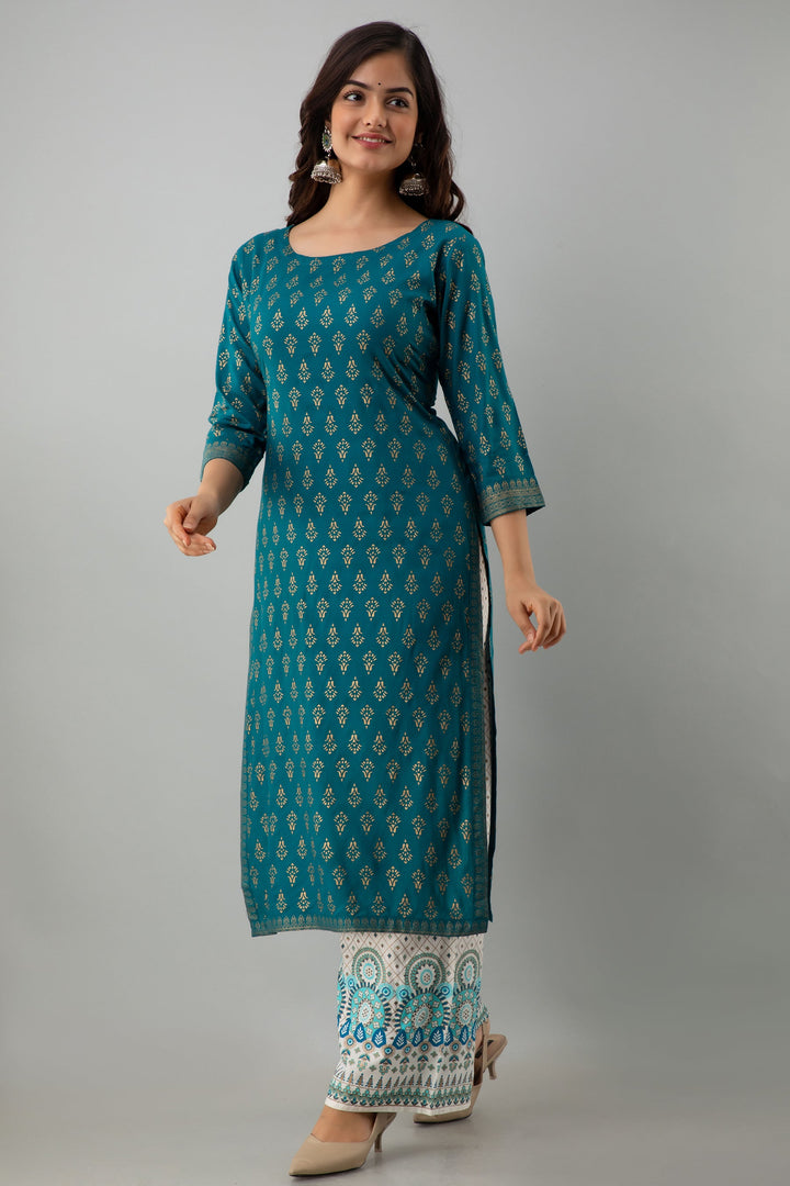 Printed Straight Calf Length 3/4 Sleeves Round Neck Rayon Kurta Set