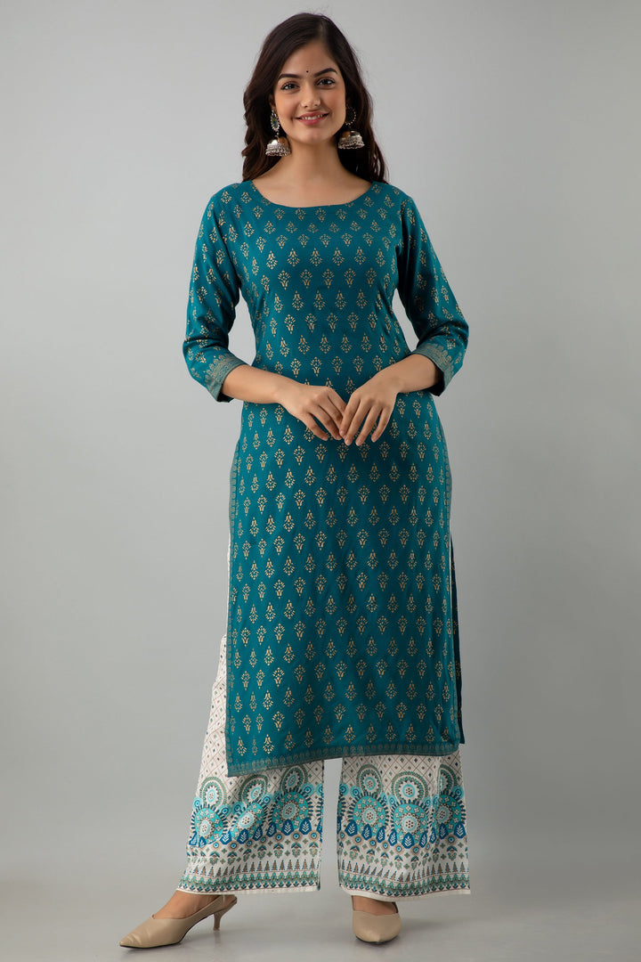 Printed Straight Calf Length 3/4 Sleeves Round Neck Rayon Kurta Set