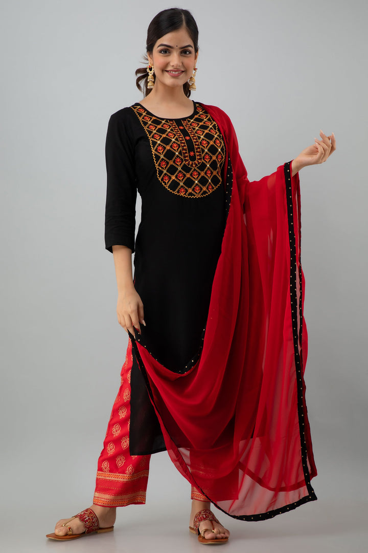 Embroidered Straight Calf Length 3/4 Sleeves Round Neck Rayon Kurta Dupatta Bottom Set