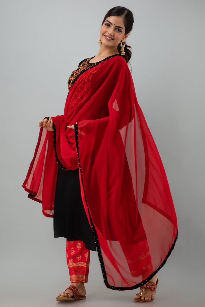 Embroidered Straight Calf Length 3/4 Sleeves Round Neck Rayon Kurta Dupatta Bottom Set