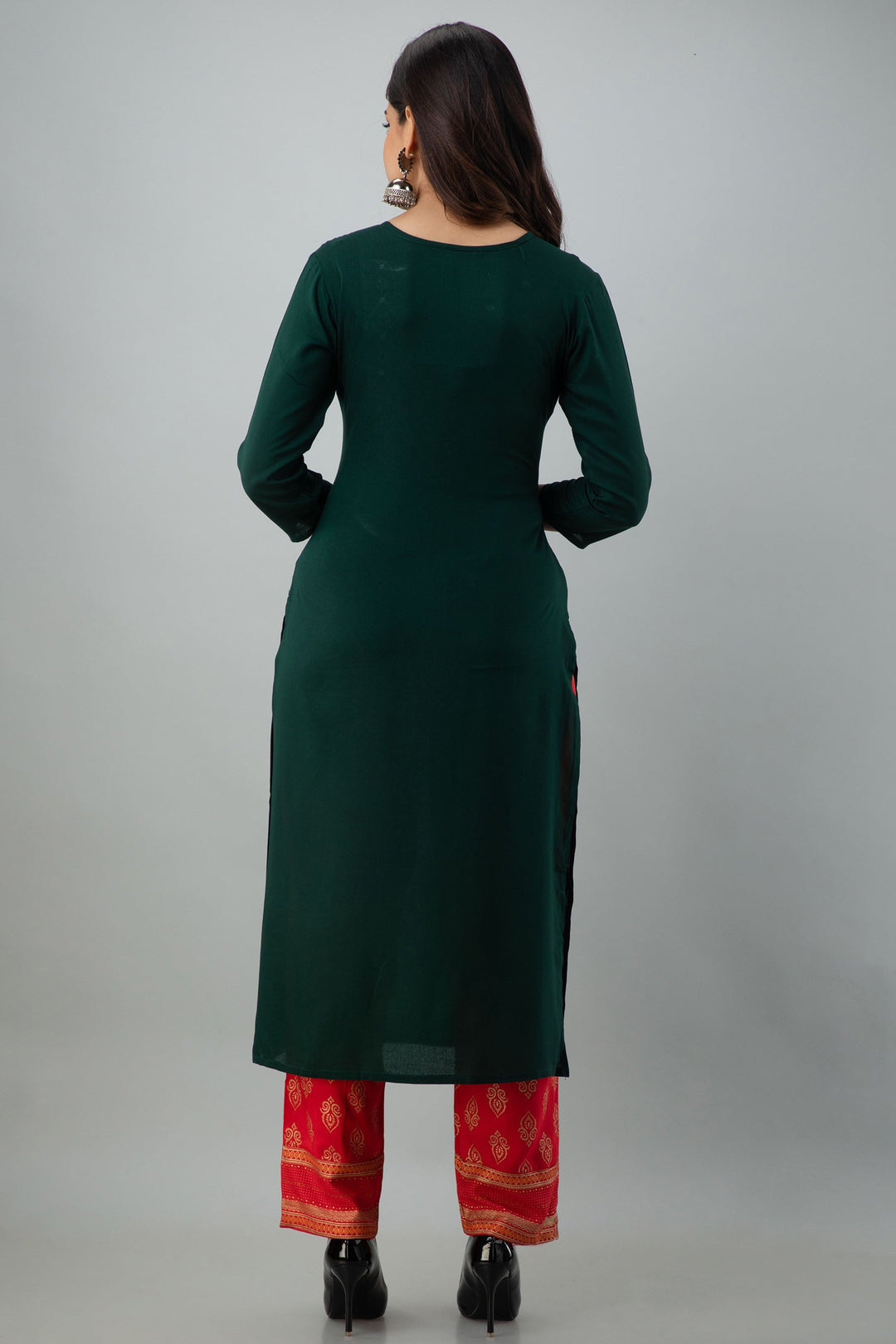 Embroidered Straight Calf Length 3/4 Sleeves Round Neck Rayon Kurta Dupatta Bottom Set