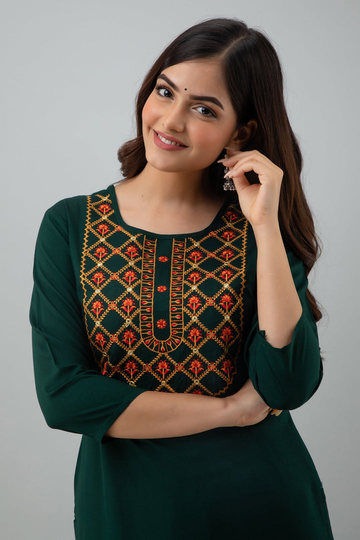 Embroidered Straight Calf Length 3/4 Sleeves Round Neck Rayon Kurta Dupatta Bottom Set