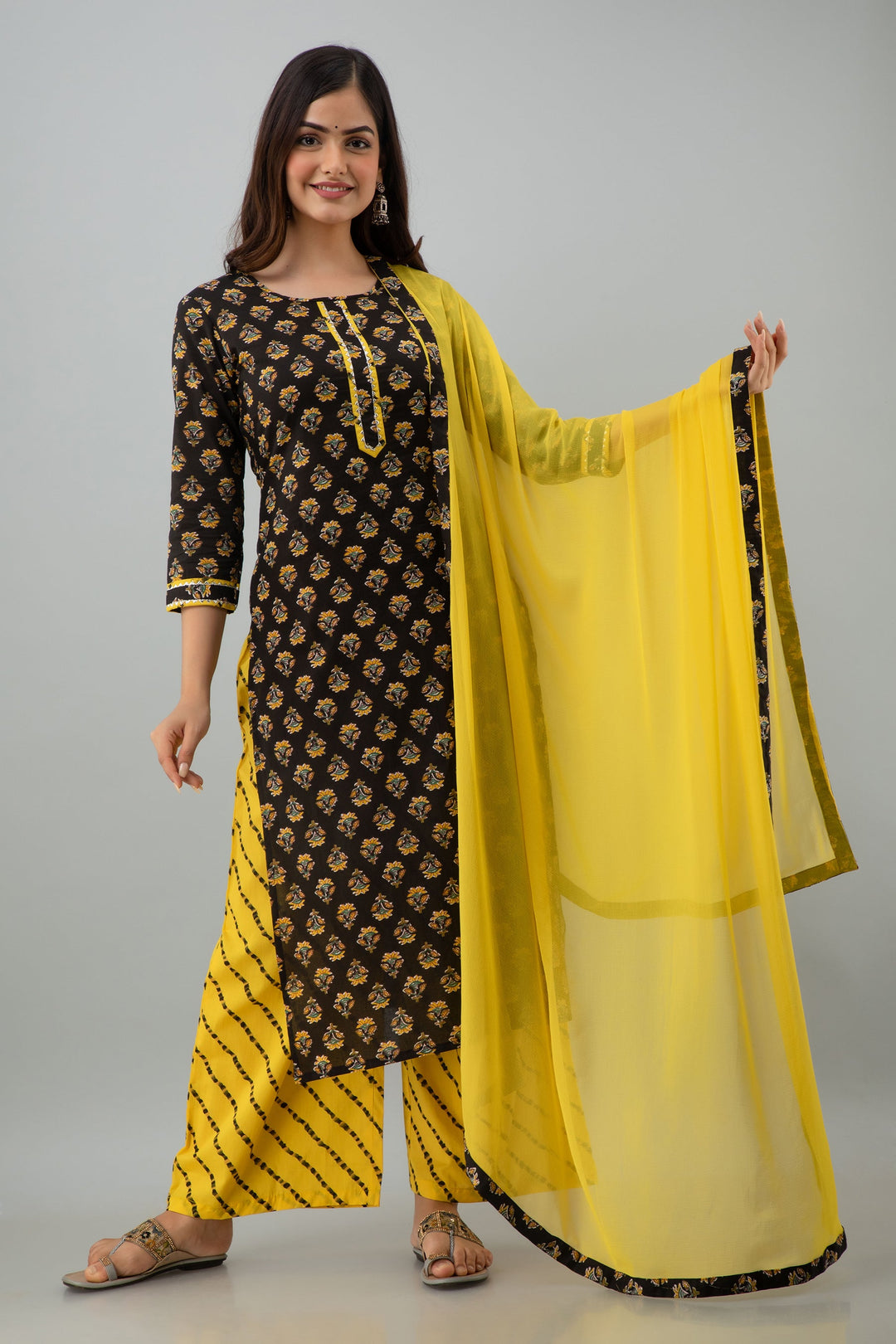 Printed Straight Calf Length 3/4 Sleeves Round Neck Cotton Kurta Dupatta Bottom Set