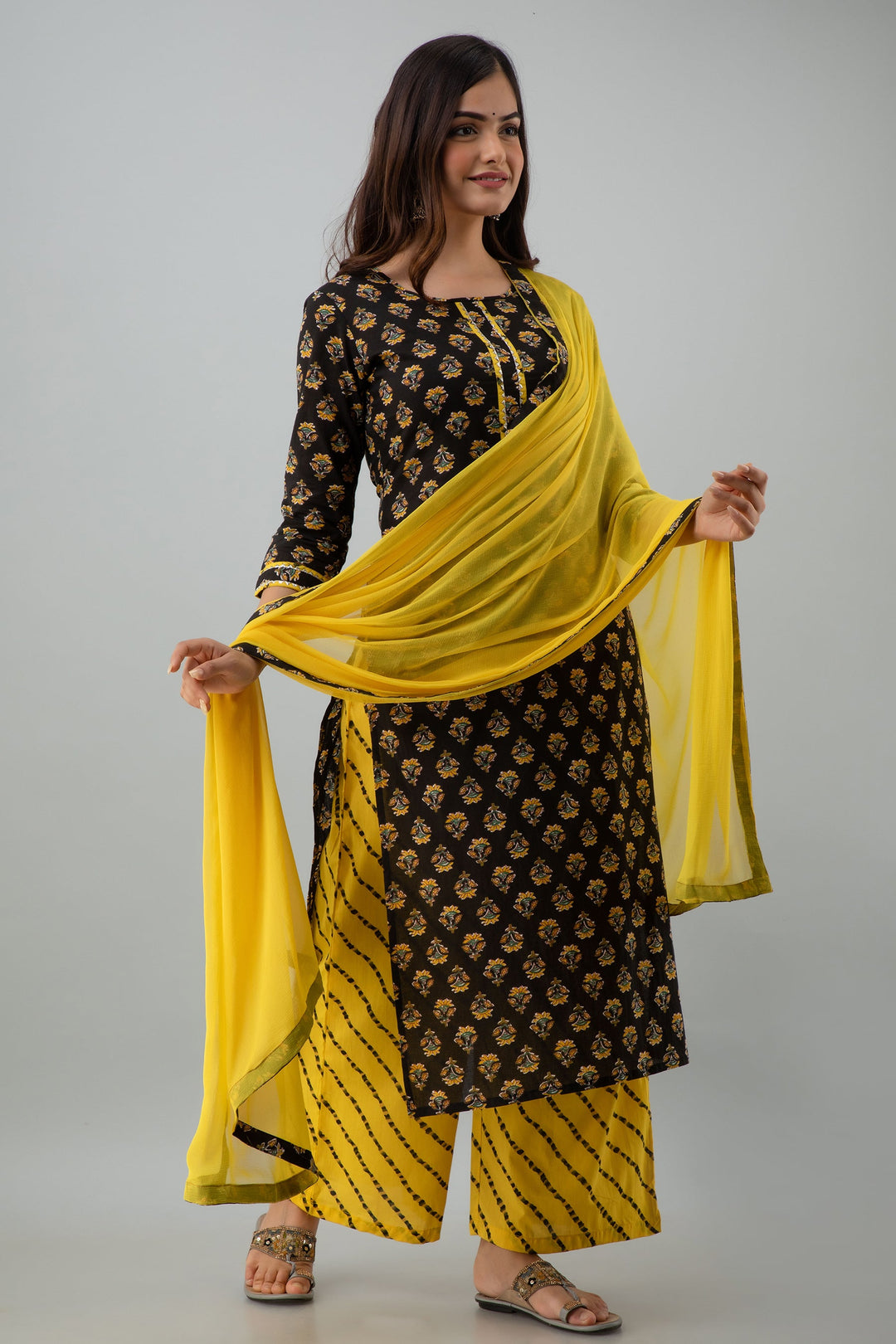 Printed Straight Calf Length 3/4 Sleeves Round Neck Cotton Kurta Dupatta Bottom Set