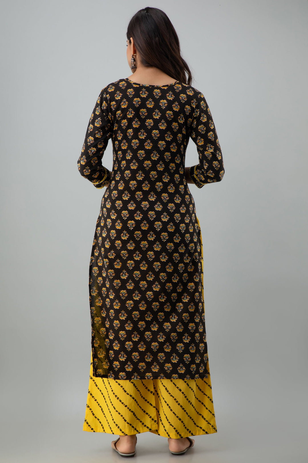 Printed Straight Calf Length 3/4 Sleeves Round Neck Cotton Kurta Dupatta Bottom Set