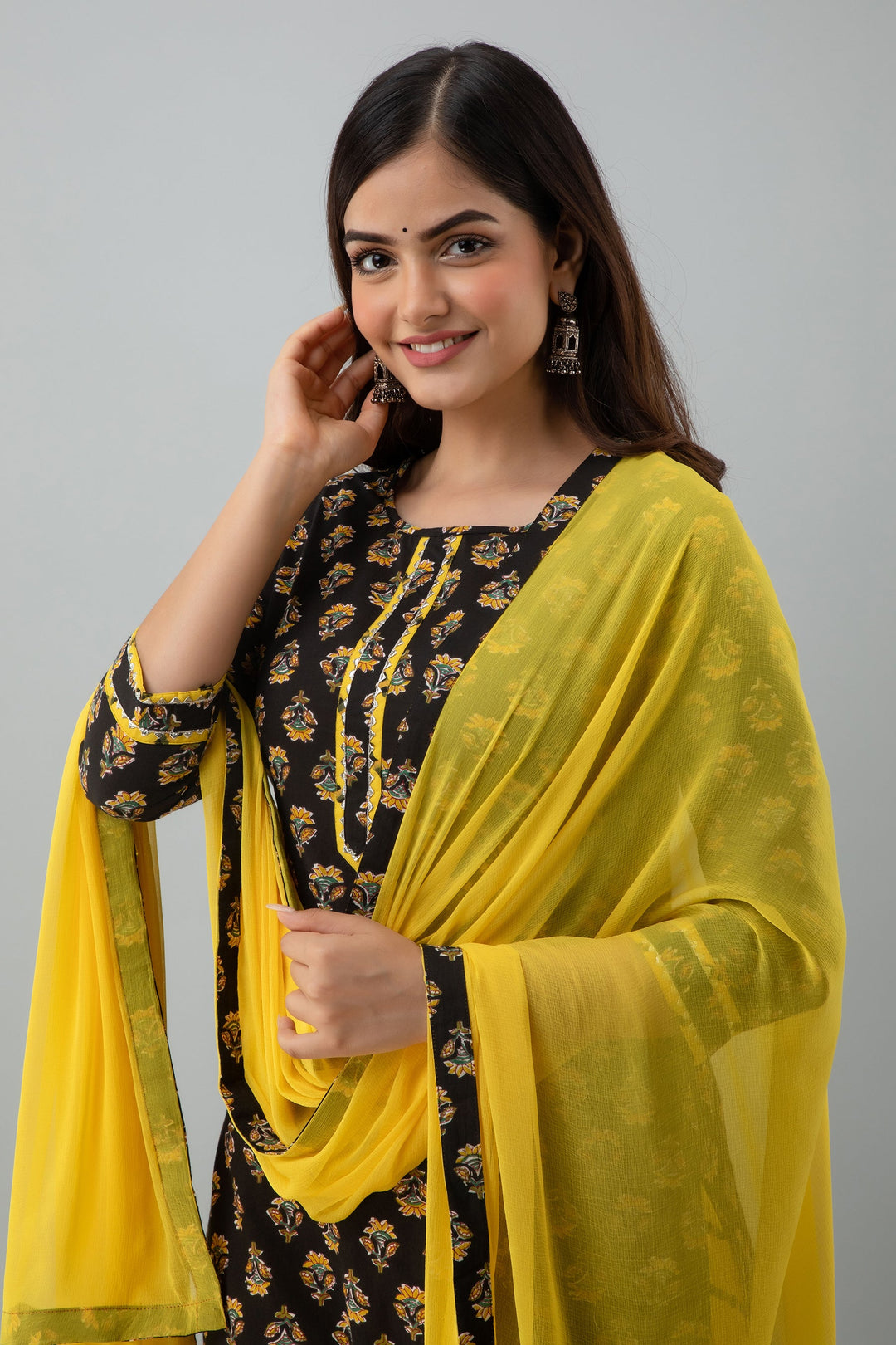 Printed Straight Calf Length 3/4 Sleeves Round Neck Cotton Kurta Dupatta Bottom Set