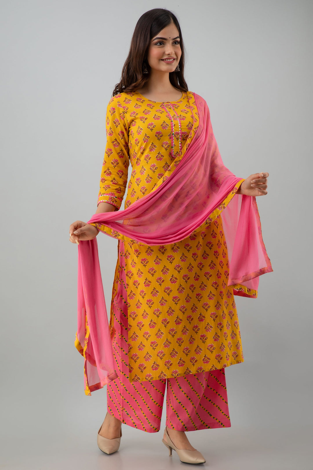 Printed Straight Calf Length 3/4 Sleeves Round Neck Cotton Kurta Dupatta Bottom Set