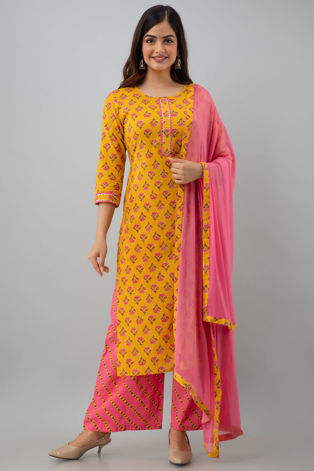 Printed Straight Calf Length 3/4 Sleeves Round Neck Cotton Kurta Dupatta Bottom Set