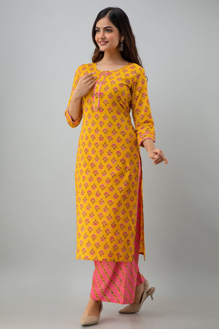 Printed Straight Calf Length 3/4 Sleeves Round Neck Cotton Kurta Dupatta Bottom Set
