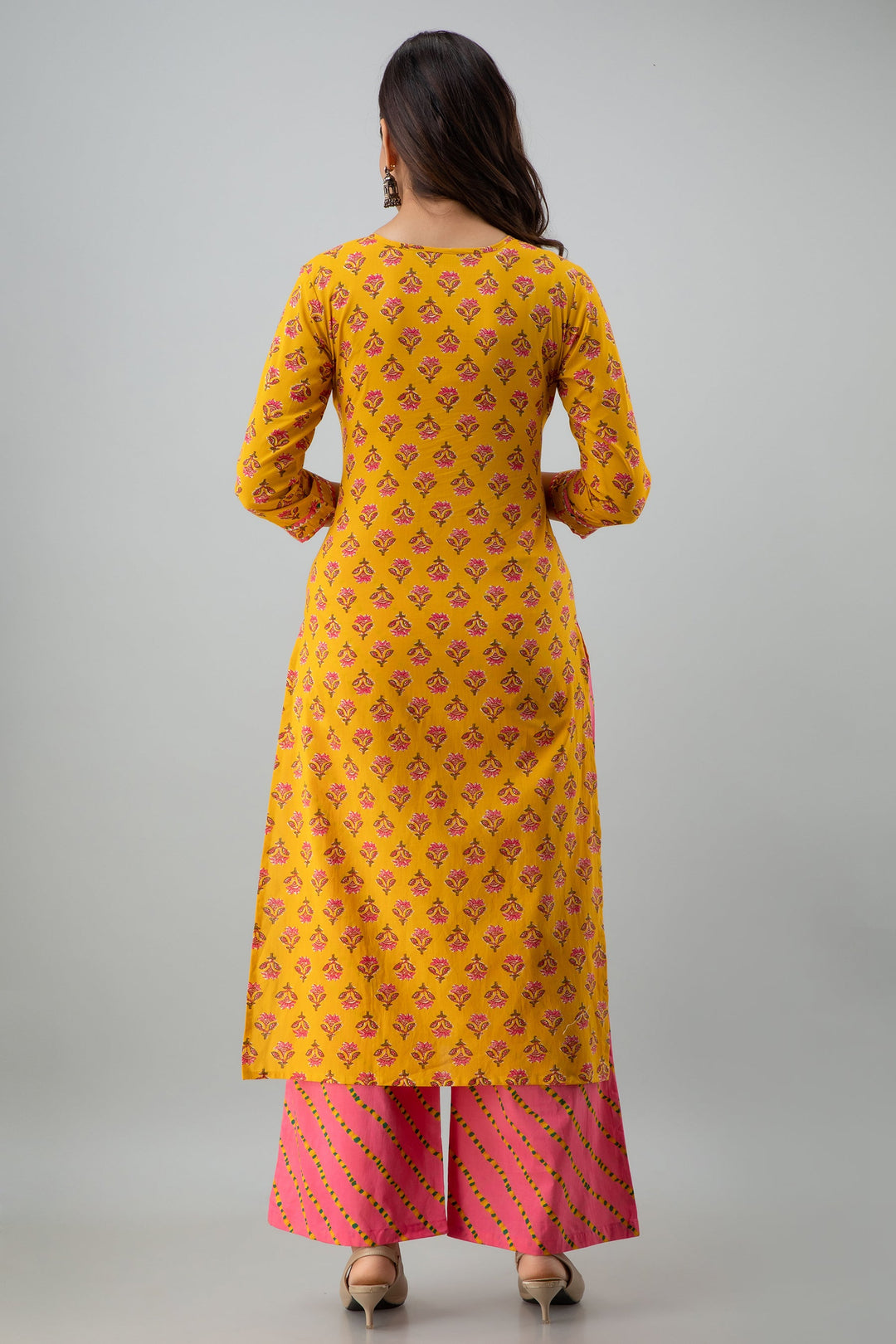 Printed Straight Calf Length 3/4 Sleeves Round Neck Cotton Kurta Dupatta Bottom Set
