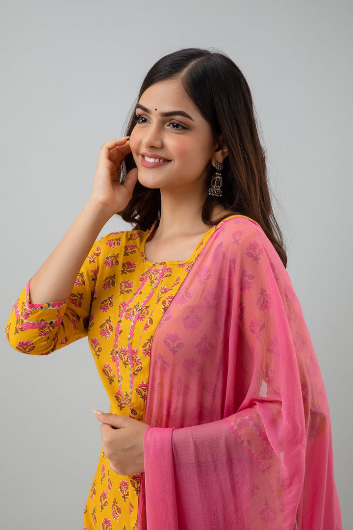 Printed Straight Calf Length 3/4 Sleeves Round Neck Cotton Kurta Dupatta Bottom Set
