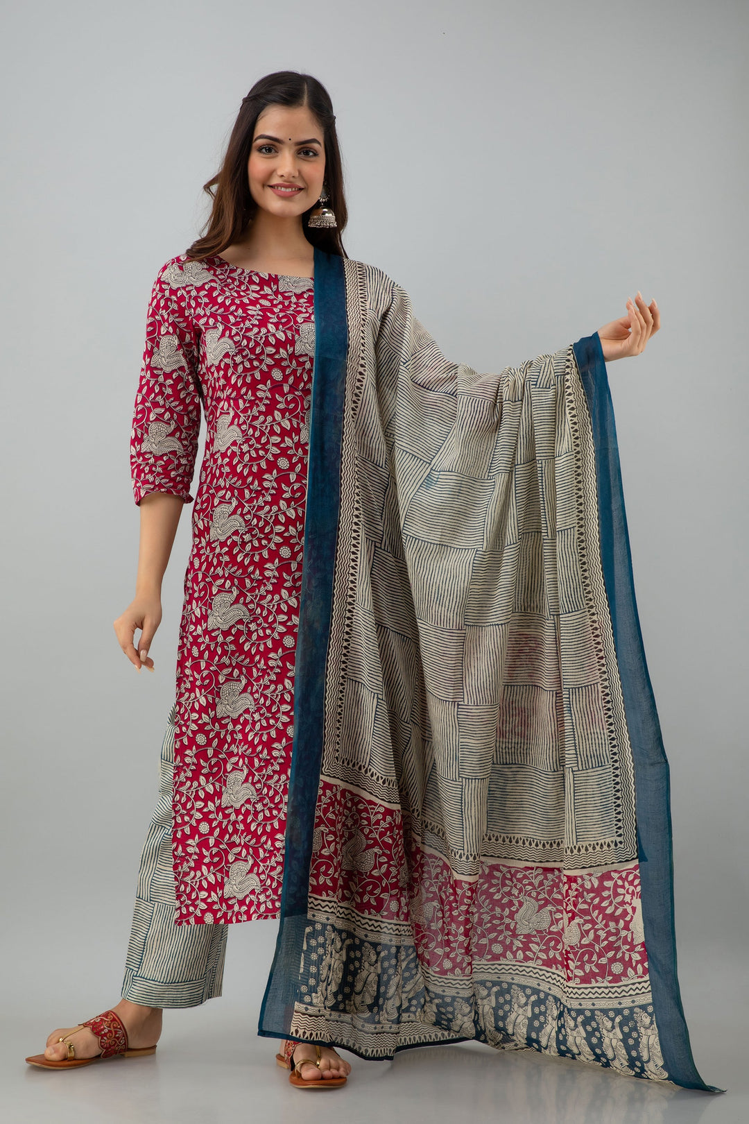 Printed Straight Calf Length 3/4 Sleeves Round Neck Cotton Kurta Dupatta Bottom Set