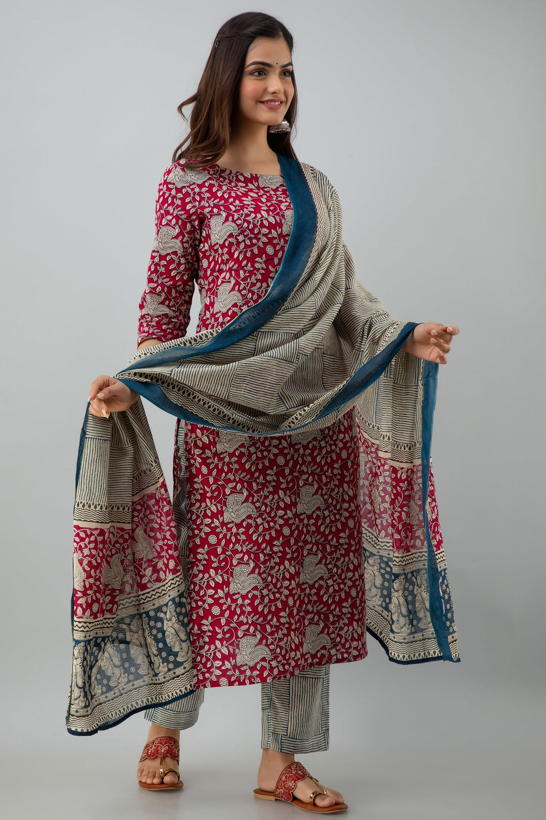 Printed Straight Calf Length 3/4 Sleeves Round Neck Cotton Kurta Dupatta Bottom Set