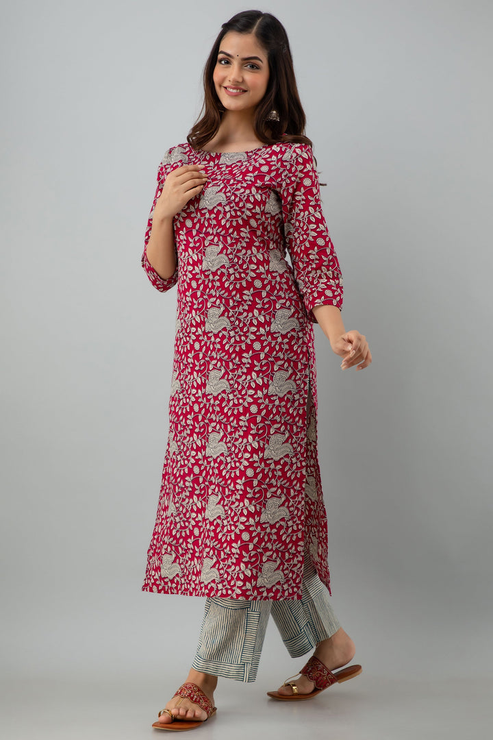 Printed Straight Calf Length 3/4 Sleeves Round Neck Cotton Kurta Dupatta Bottom Set