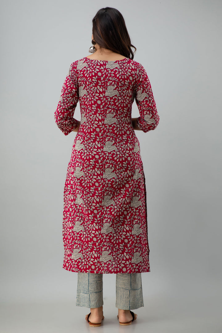 Printed Straight Calf Length 3/4 Sleeves Round Neck Cotton Kurta Dupatta Bottom Set