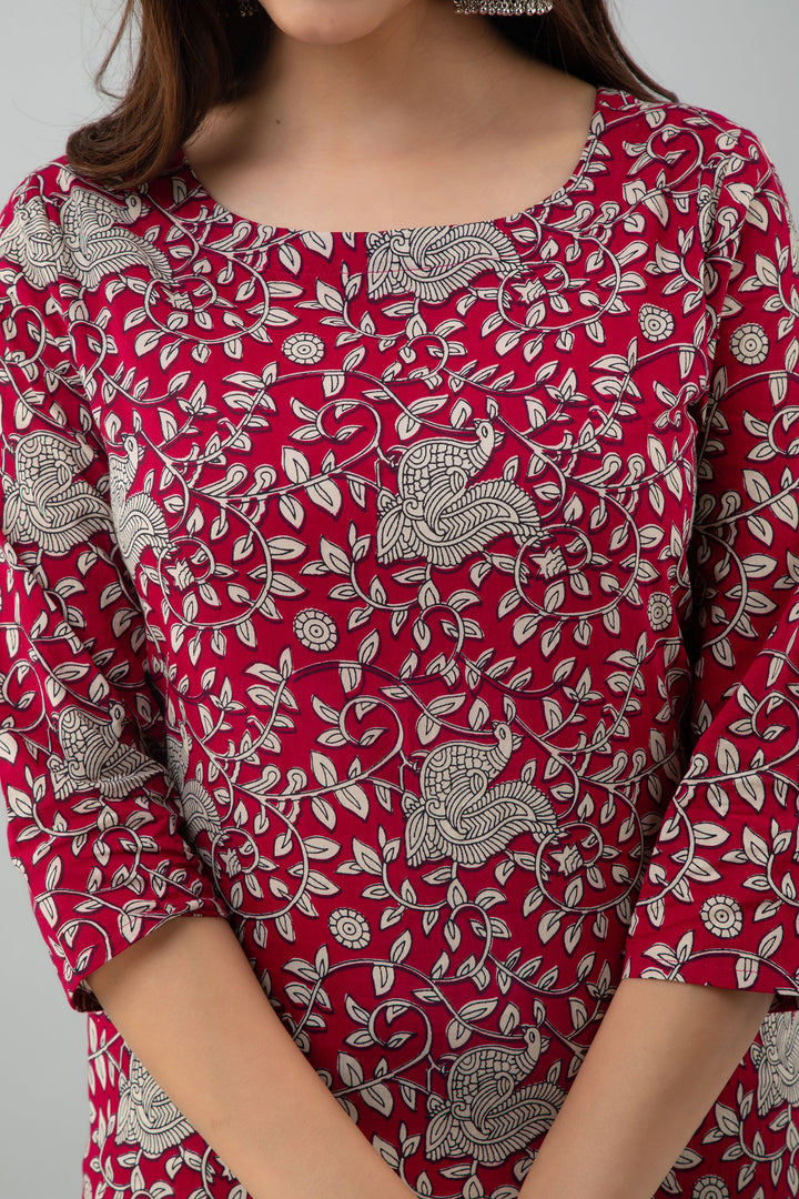 Printed Straight Calf Length 3/4 Sleeves Round Neck Cotton Kurta Dupatta Bottom Set