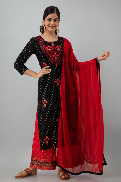 Embroidered Straight Calf Length 3/4 Sleeves Keyhole Neck Rayon Kurta Dupatta Bottom Set