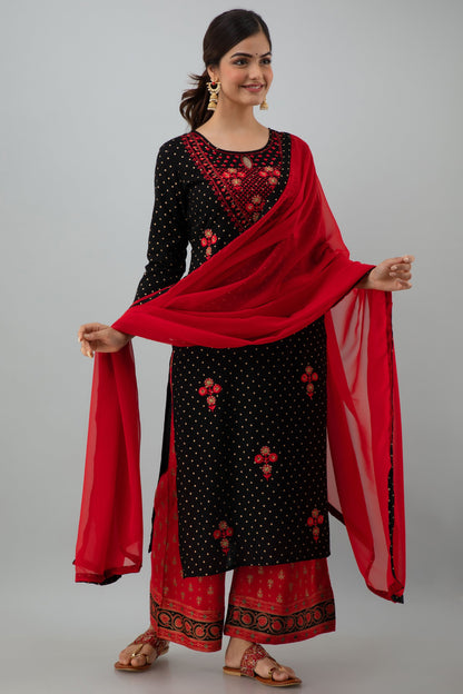 Embroidered Straight Calf Length 3/4 Sleeves Keyhole Neck Rayon Kurta Dupatta Bottom Set
