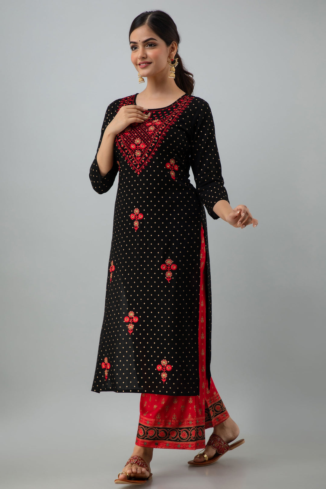 Embroidered Straight Calf Length 3/4 Sleeves Keyhole Neck Rayon Kurta Dupatta Bottom Set