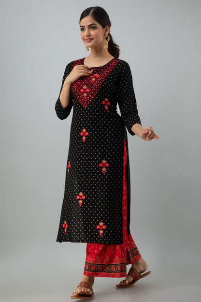 Embroidered Straight Calf Length 3/4 Sleeves Keyhole Neck Rayon Kurta Dupatta Bottom Set