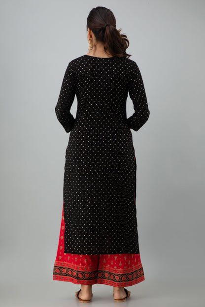 Embroidered Straight Calf Length 3/4 Sleeves Keyhole Neck Rayon Kurta Dupatta Bottom Set